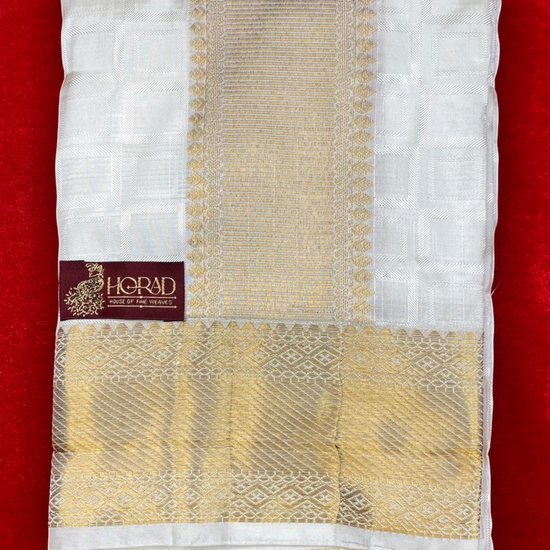 Horad Pure Silk Blend Cream Emboss Border Shirt Material + Dhoti ( 2 in 1 )