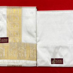 Horad Pure Silk Blend Cream Elephant Border Shirt Material + Dhoti ( 2 in 1 )