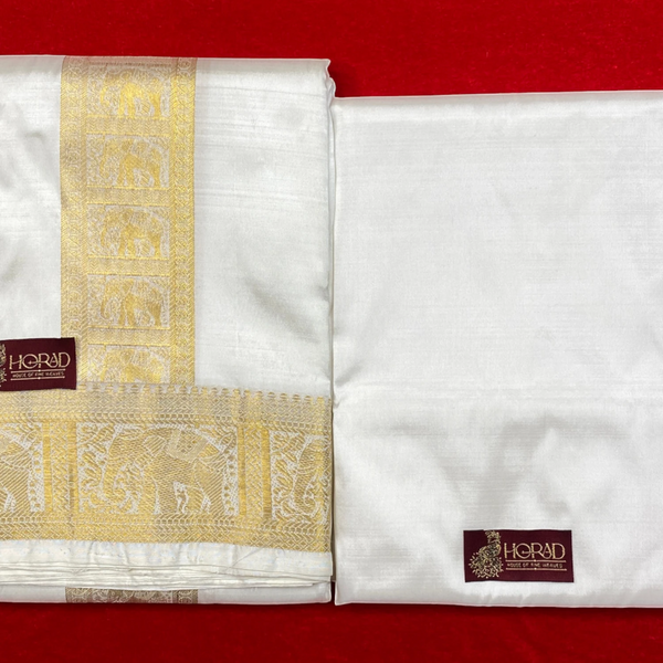 Horad Pure Silk Blend Cream Elephant Border Shirt Material + Dhoti ( 2 in 1 )