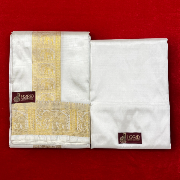 Horad Pure Silk Blend Cream Elephant Border Shirt Material + Dhoti ( 2 in 1 )