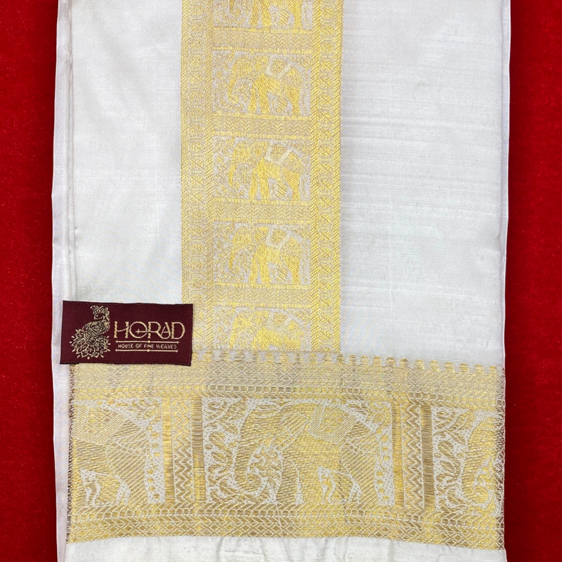 Horad Pure Silk Blend Cream Elephant Border Shirt Material + Dhoti ( 2 in 1 )
