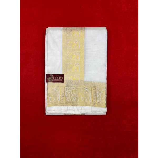 Horad Pure Silk Blend Cream Elephant Border Shirt Material + Dhoti ( 2 in 1 )