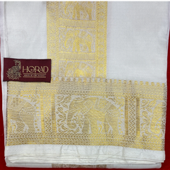 Horad Pure Silk Blend Cream Elephant Border Shirt Material + Dhoti ( 2 in 1 )