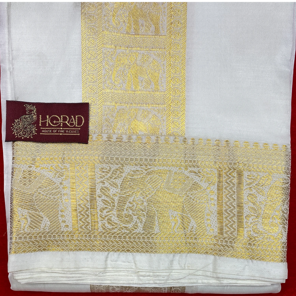 Horad Pure Silk Blend Cream Elephant Border Shirt Material + Dhoti ( 2 in 1 )