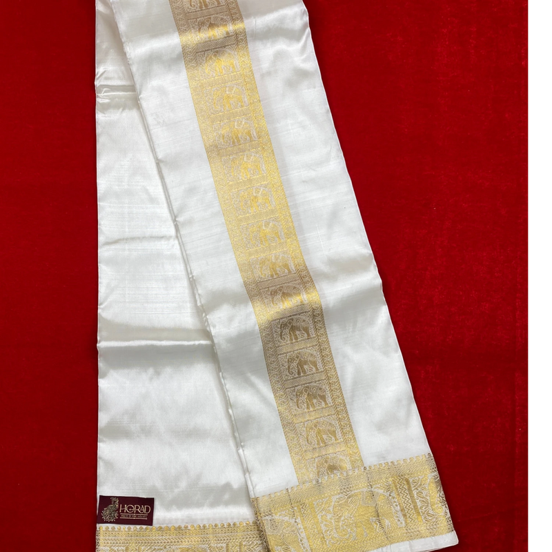 Horad Pure Silk Blend Cream Elephant Border Shirt Material + Dhoti ( 2 in 1 )