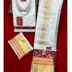Horad Pure Silk 6 Inch Cream Emboss Wedding Set  Full Sleeves Shirt + Dhoti + Angavastram