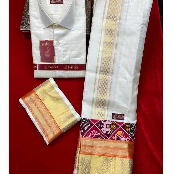 Horad Pure Silk 6 Inch Cream Emboss Wedding Set  Full Sleeves Shirt + Dhoti + Angavastram