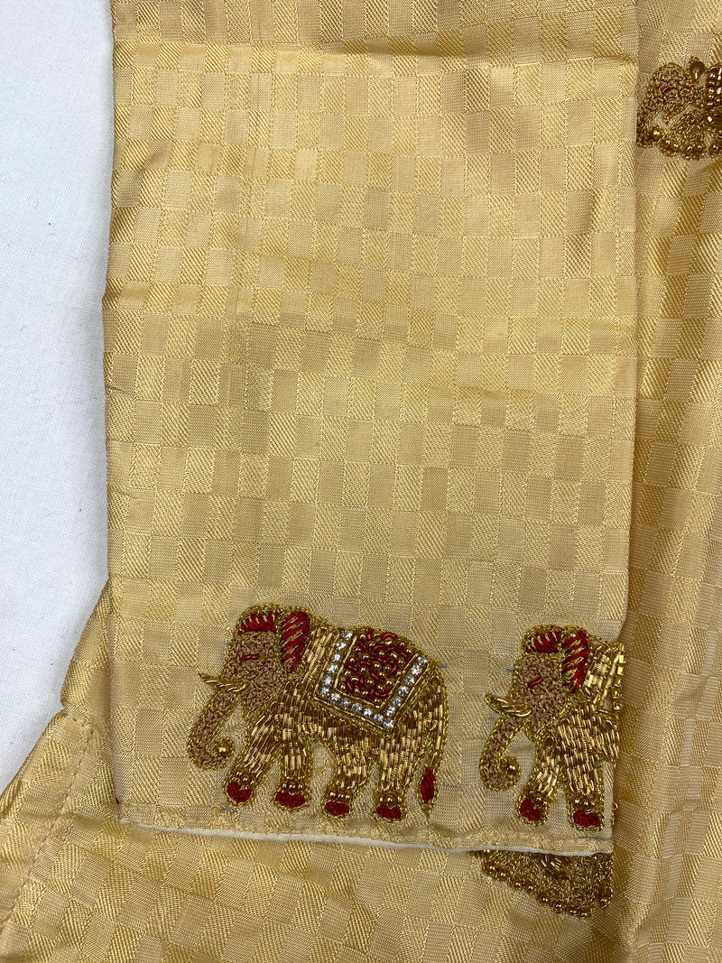 Horad Premium Art Silk Gold Emboss Elephant Border Kids Long Kurta + Kache Panche + Border Angavastram