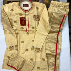Horad Premium Art Silk Gold Emboss Elephant Border Kids Long Kurta + Kache Panche + Border Angavastram