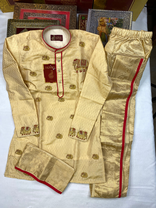 Horad Premium Art Silk Gold Emboss Elephant Border Kids Long Kurta + Kache Panche + Border Angavastram