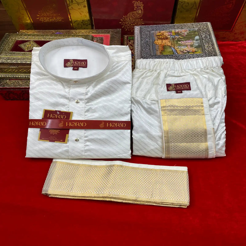 Horad Pure Silk Blend Cream Emboss Long Kurta + Kache Panche + Angavastram