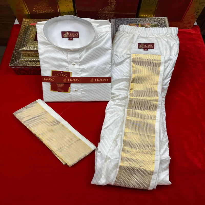 Horad Pure Silk Blend Cream Emboss Long Kurta + Kache Panche + Angavastram