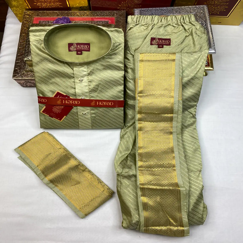 Horad Pure Silk Blend FIR.Green Emboss Long Kurta + Kache Panche + Angavastram