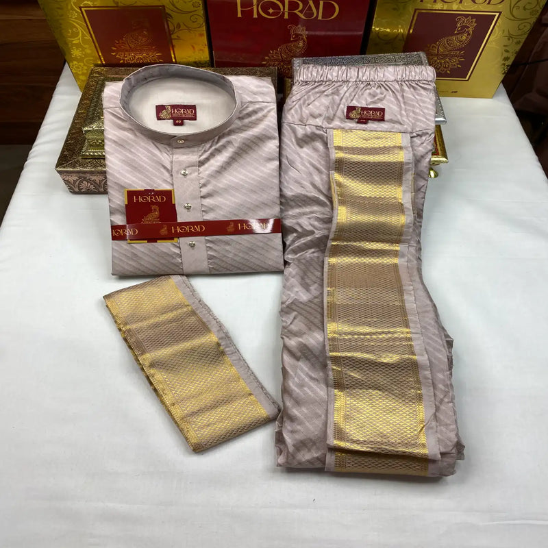Horad Pure Silk Blend Sandstone Emboss Long Kurta + Kache Panche + Angavastram
