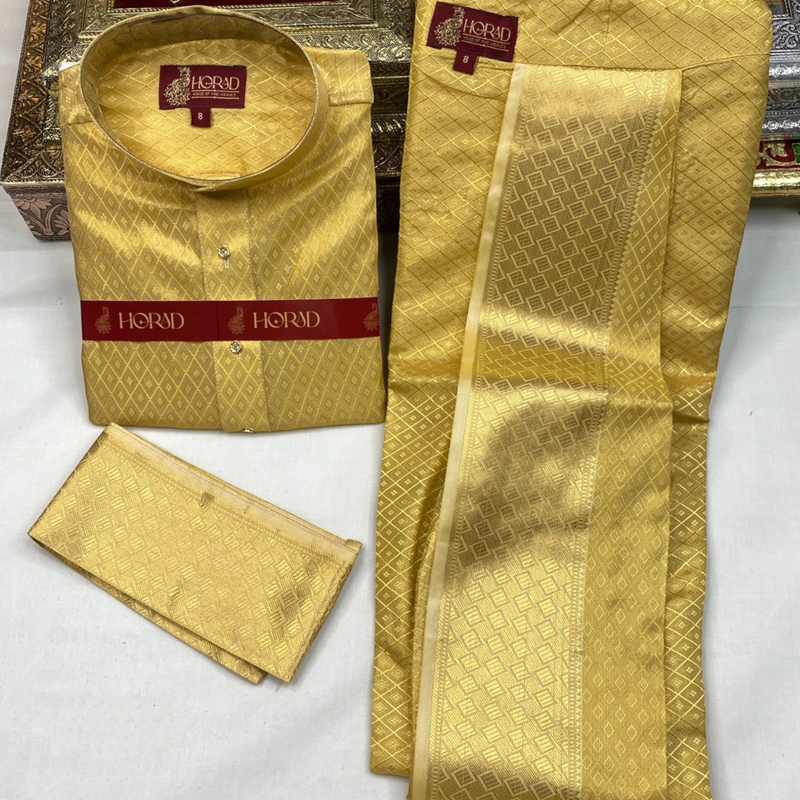 Horad Premium Art Silk Tissue Gold Emboss Kids Set Long Kurta + Kache Panche + Border Angavastram
