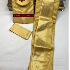 Horad Premium Art Silk Tissue Gold Emboss Kids Set Long Kurta + Kache Panche + Border Angavastram