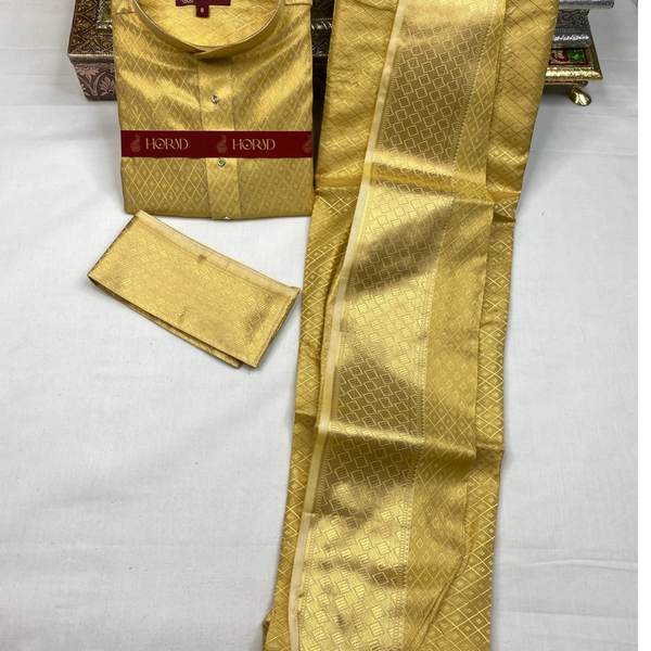 Horad Premium Art Silk Tissue Gold Emboss Long Kurta + Kache Panche + Angavastram