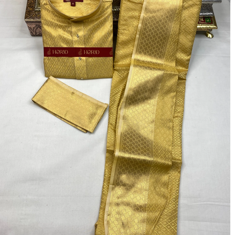Horad Premium Art Silk Tissue Gold Emboss Long Kurta + Kache Panche + Angavastram