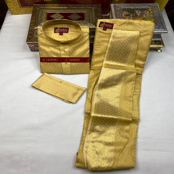 Horad Premium Art Silk Tissue Gold Emboss Kids Set Long Kurta + Kache Panche + Border Angavastram