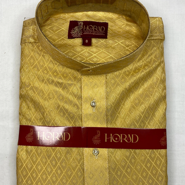 Horad Premium Art Silk Tissue Gold Emboss Kids Set Long Kurta + Kache Panche + Border Angavastram