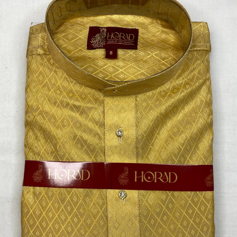 Horad Premium Art Silk Tissue Gold Emboss Kids Set Long Kurta + Kache Panche + Border Angavastram
