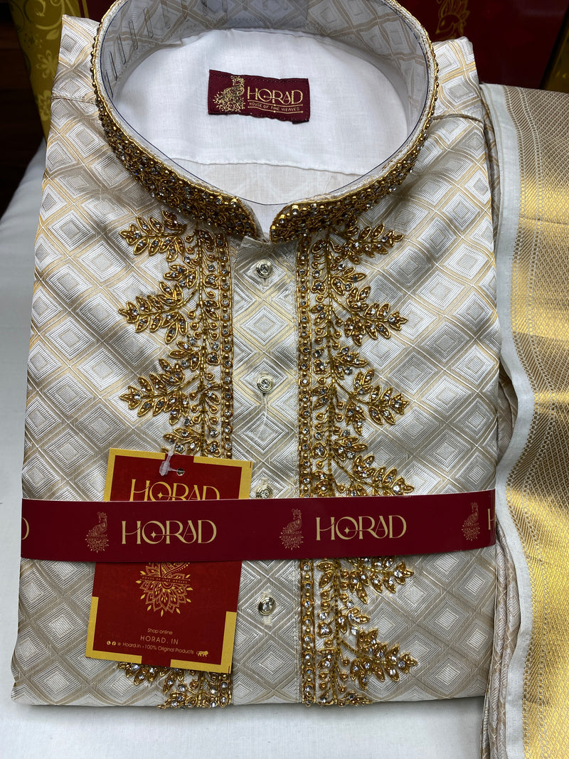 Horad Pure Silk Gold Tissue Wedding Set Aari Work Short Kurta + Dhoti + Angavastram