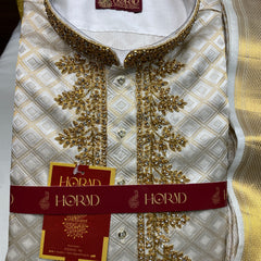 Horad Pure Silk Gold Tissue Wedding Set Aari Work Short Kurta + Dhoti + Angavastram