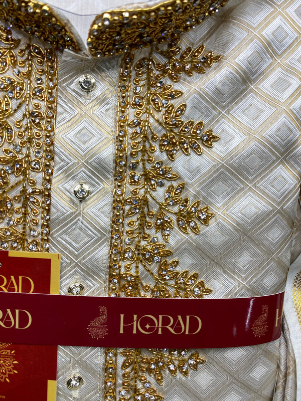 Horad Pure Silk Gold Tissue Wedding Set Aari Work Short Kurta + Dhoti + Angavastram