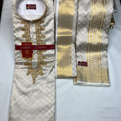 Horad Pure Silk Gold Tissue Wedding Set Aari Work Short Kurta + Dhoti + Angavastram