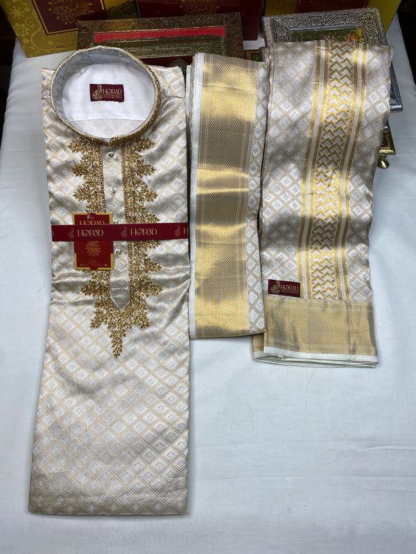 Horad Pure Silk Gold Tissue Wedding Set Aari Work Short Kurta + Dhoti + Angavastram