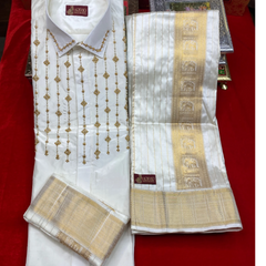 Horad Pure Silk Cream Emboss  Wedding Set Aari Work Full Sleeves Shirt + Dhoti + Angavastram