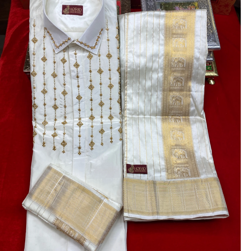 Horad Pure Silk Cream Emboss  Wedding Set Aari Work Full Sleeves Shirt + Dhoti + Angavastram