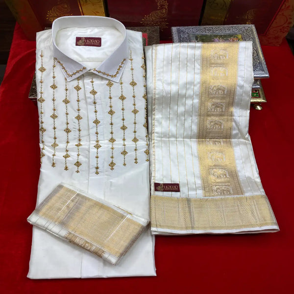 Horad Pure Silk Cream Emboss  Wedding Set Aari Work Full Sleeves Shirt + Dhoti + Angavastram