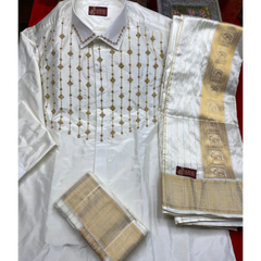 Horad Pure Silk Cream Emboss  Wedding Set Aari Work Full Sleeves Shirt + Dhoti + Angavastram