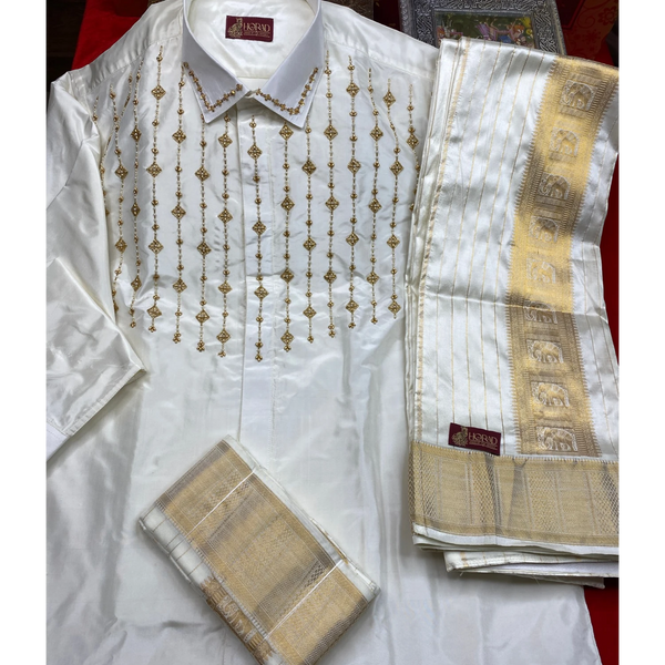 Horad Pure Silk Cream Emboss  Wedding Set Aari Work Full Sleeves Shirt + Dhoti + Angavastram