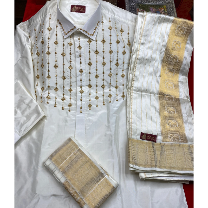 Horad Pure Silk Cream Emboss  Wedding Set Aari Work Full Sleeves Shirt + Dhoti + Angavastram