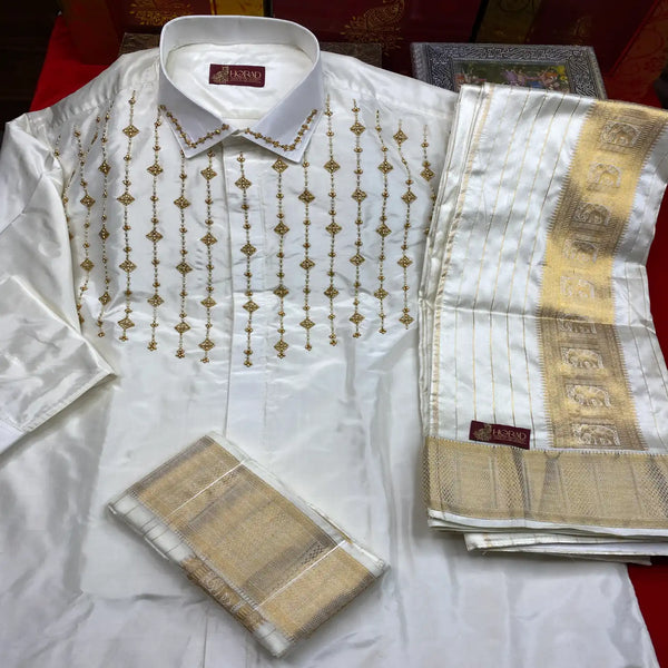 Horad Pure Silk Cream Emboss  Wedding Set Aari Work Full Sleeves Shirt + Dhoti + Angavastram