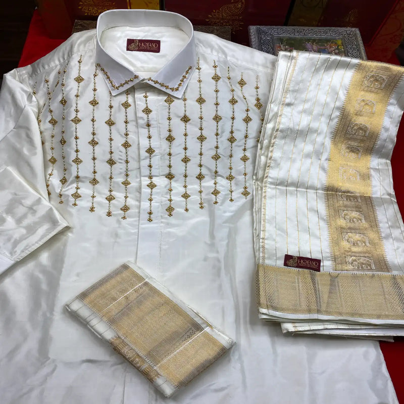 Horad Pure Silk Cream Emboss  Wedding Set Aari Work Full Sleeves Shirt + Dhoti + Angavastram