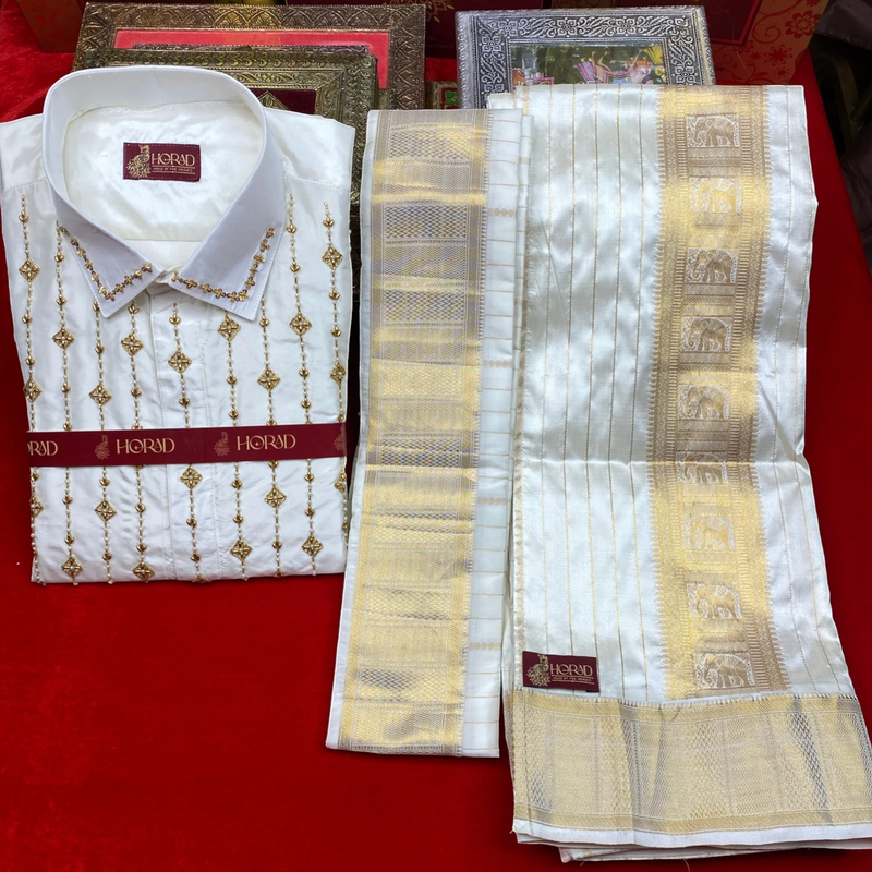 Horad Pure Silk Cream Emboss  Wedding Set Aari Work Full Sleeves Shirt + Dhoti + Angavastram