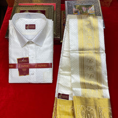 Horad Premium Art Silk Cream Triangle Emboss  Elephant Border Fullsleeve shirt + Dhoti
