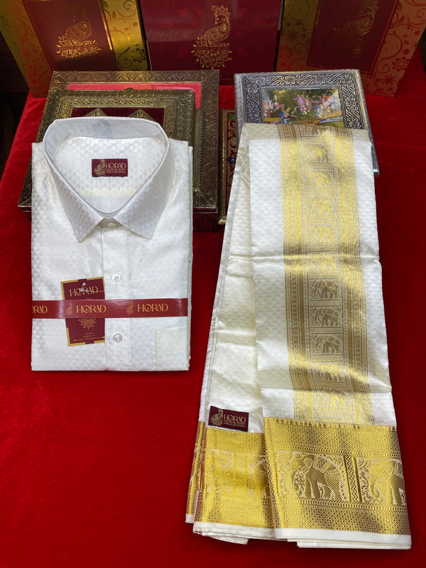 Horad Premium Art Silk Cream Triangle Emboss  Elephant Border Fullsleeve shirt + Dhoti