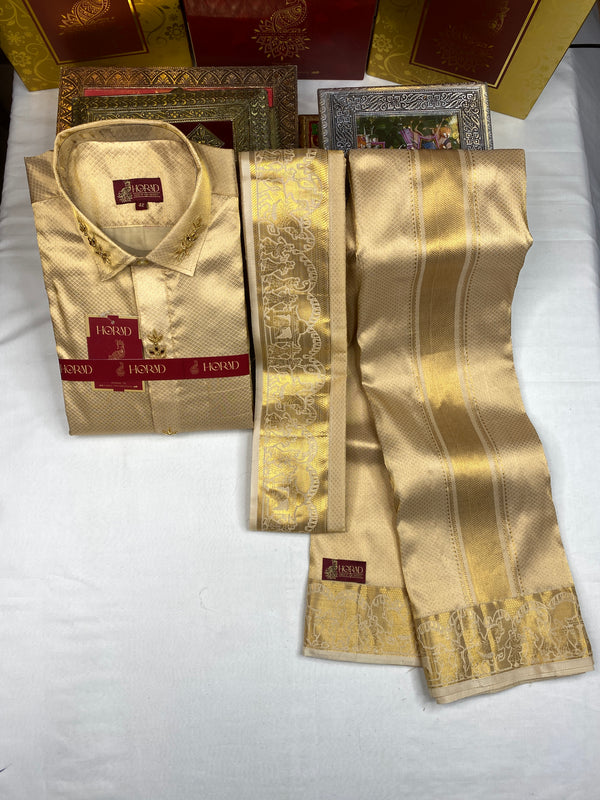Horad Pure Silk Gold Emboss  Fullsleeve + Dhoti + Angavastram (8x4)