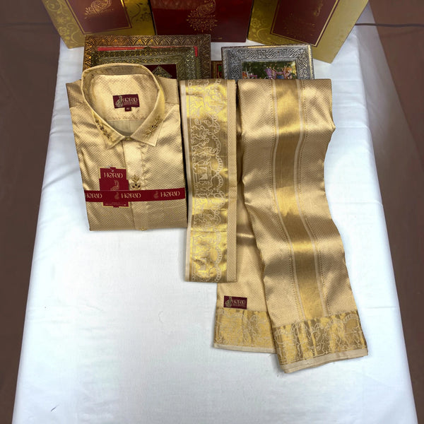 Horad Pure Silk Blend Gold Emboss  Fullsleeve + Dhoti + Angavastram (8x4)