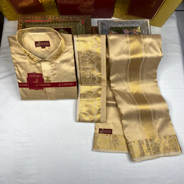 Horad Pure Silk Gold Emboss  Fullsleeve + Dhoti + Angavastram (8x4)