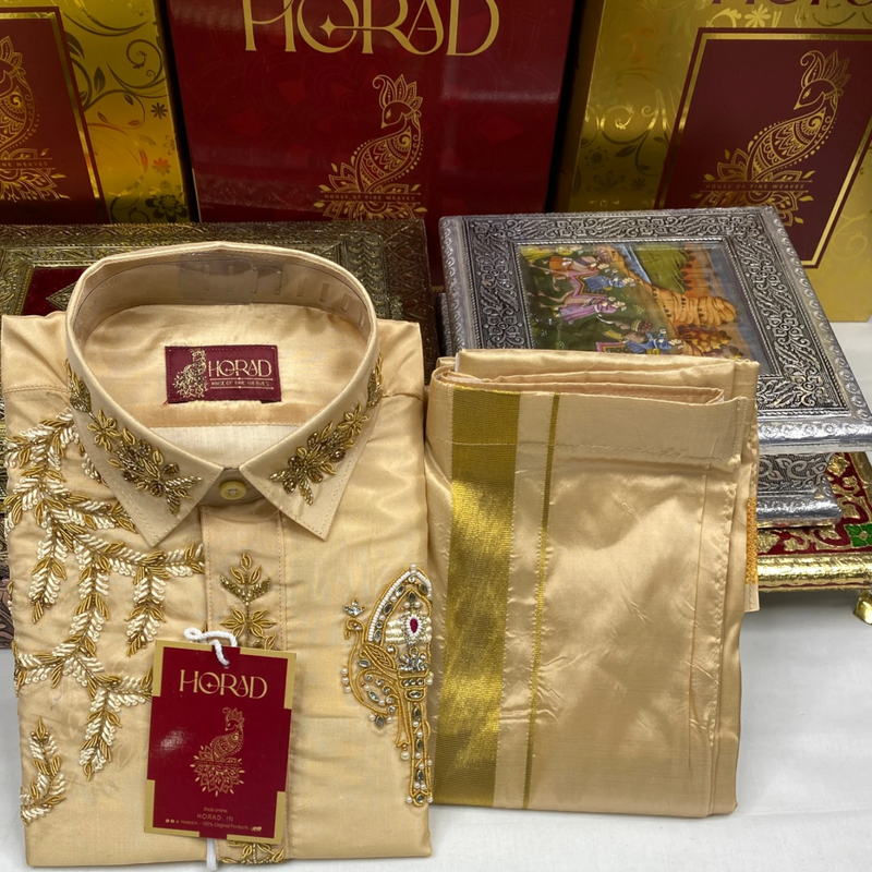 Horad Premium Art Silk Light Gold Aari work Kids Set  HalfSleeve Shirt + Welcro Dhoti