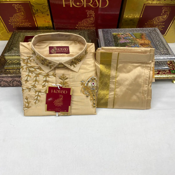 Horad Premium Art Silk Light Gold Aari work Kids Set  HalfSleeve Shirt + Welcro Dhoti