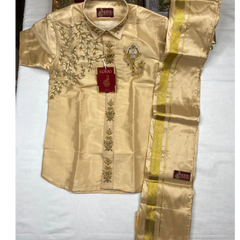 Horad Premium Art Silk Light Gold Aari work Kids Set  HalfSleeve Shirt + Welcro Dhoti