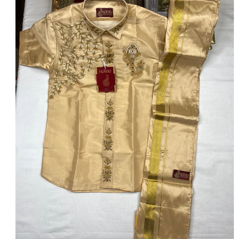 Horad Premium Art Silk Light Gold Aari work Kids Set  HalfSleeve Shirt + Welcro Dhoti