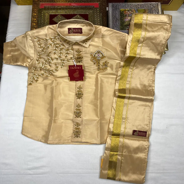 Horad Premium Art Silk Light Gold Aari work Kids Set  HalfSleeve Shirt + Welcro Dhoti