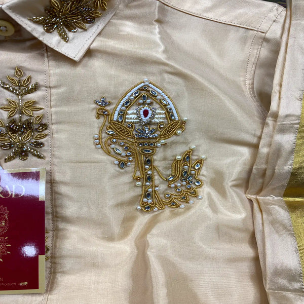 Horad Premium Art Silk Light Gold Aari work Kids Set  HalfSleeve Shirt + Welcro Dhoti